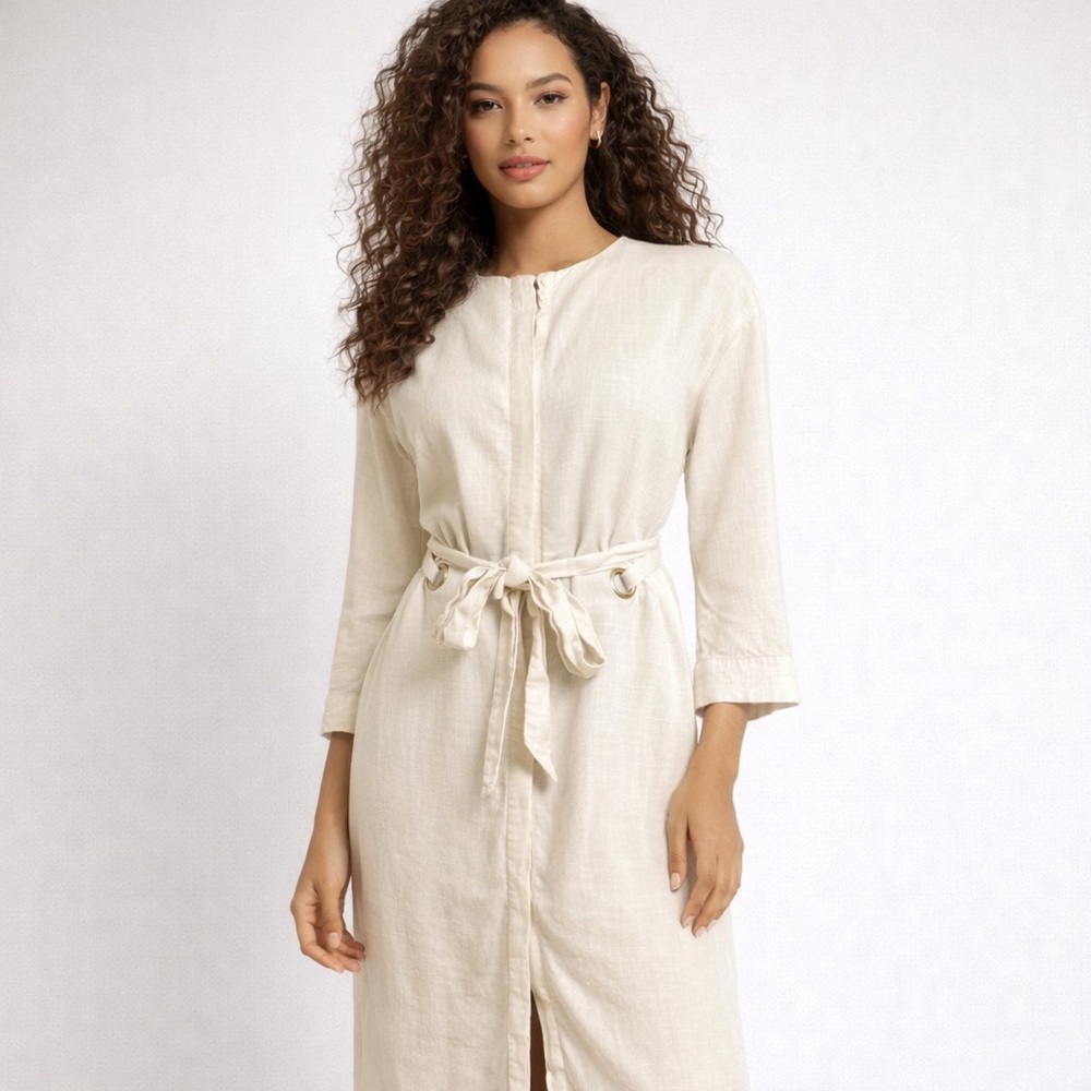 Tahari Ivory Linen Blend Midi Shirt Dress – Belted, Lined – Size 6